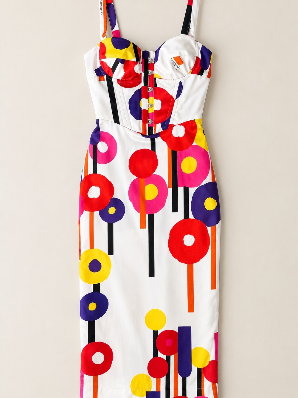 Just Cavalli White Midi Dress with Red, Pink, Yellow & Purple Graphic flowers
